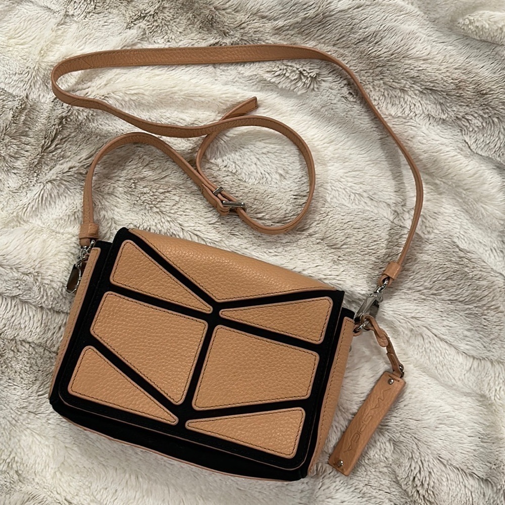 Via Spiga Amelie Tan Crossbody Black Leather Trim